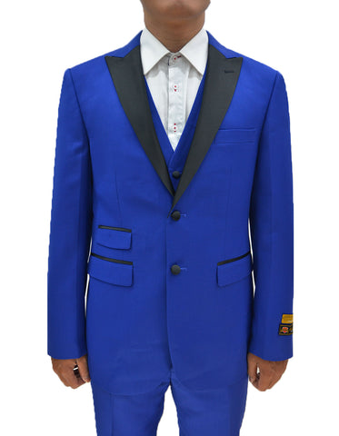 Mens 2 Button Peak Lapel Vested Prom Tuxedo in Royal Blue