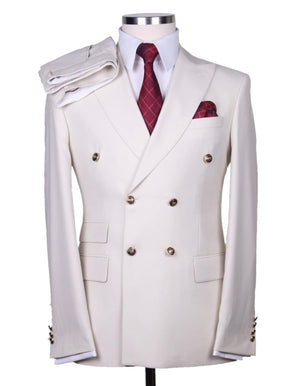 Mens Designer Modern Fit Double Breasted Wool Suit with Gold Buttons in White - Men's Tuxedo USA