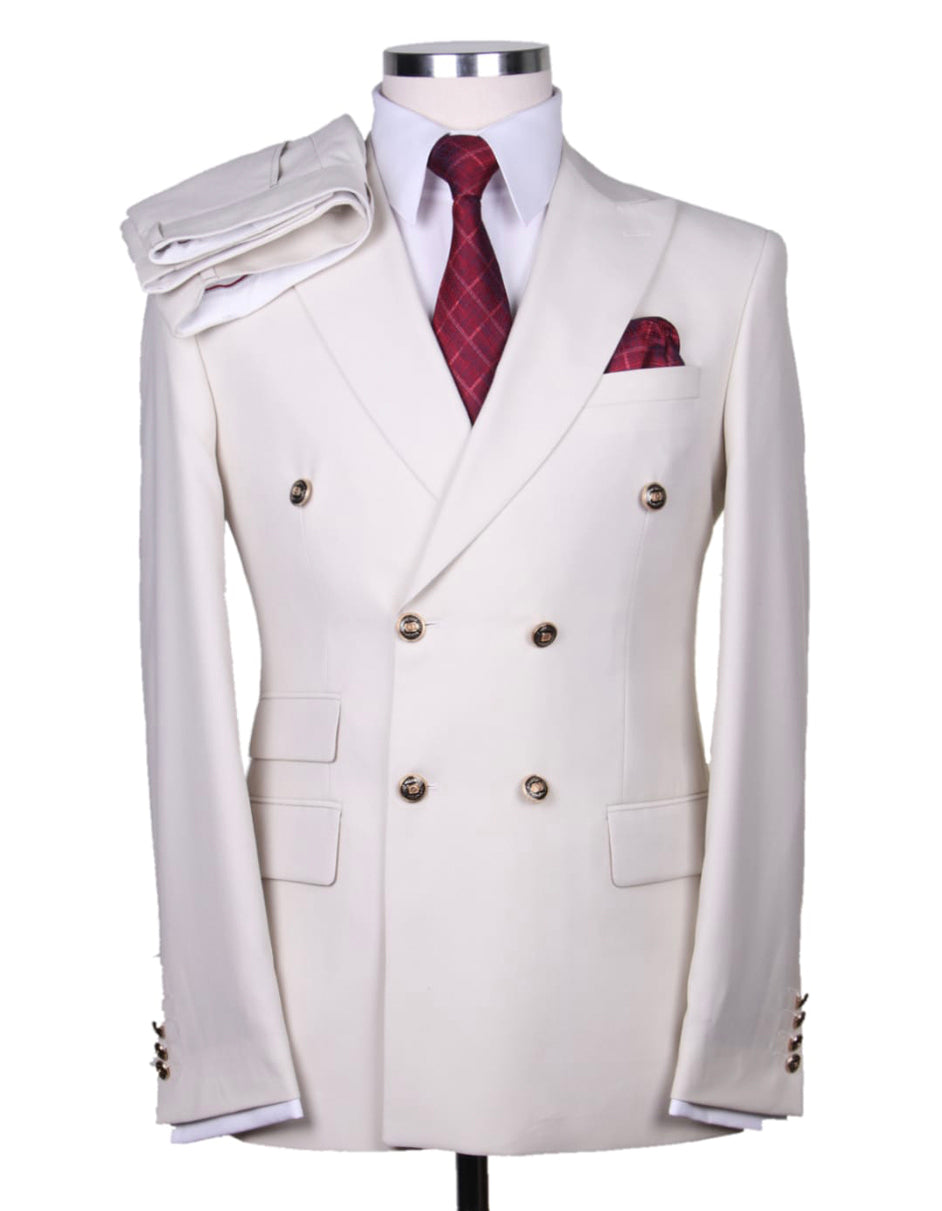 Mens Designer Modern Fit Double Breasted Wool Suit with Gold Buttons in White