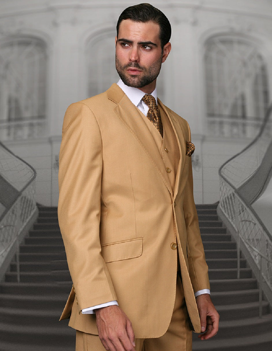 Mens Classic Fit Pleated Pant 2 Button Wool Suit in Camel
