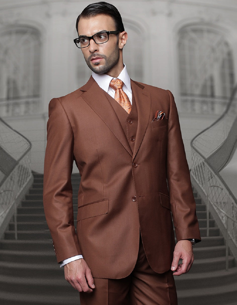 Mens Classic Fit Pleated Pant 2 Button Wool Suit in Copper
