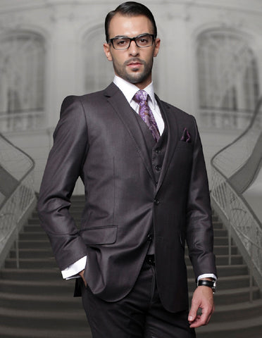 Mens Classic Fit Pleated Pant 2 Button Wool Suit in Charcoal Grey