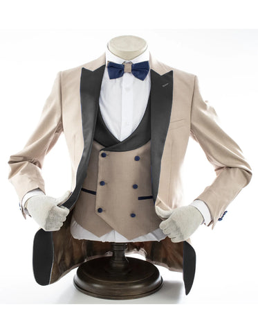 Mens 2 Button Peak Lapel Prom Tuxedo with Double Breasted Vest in Tan