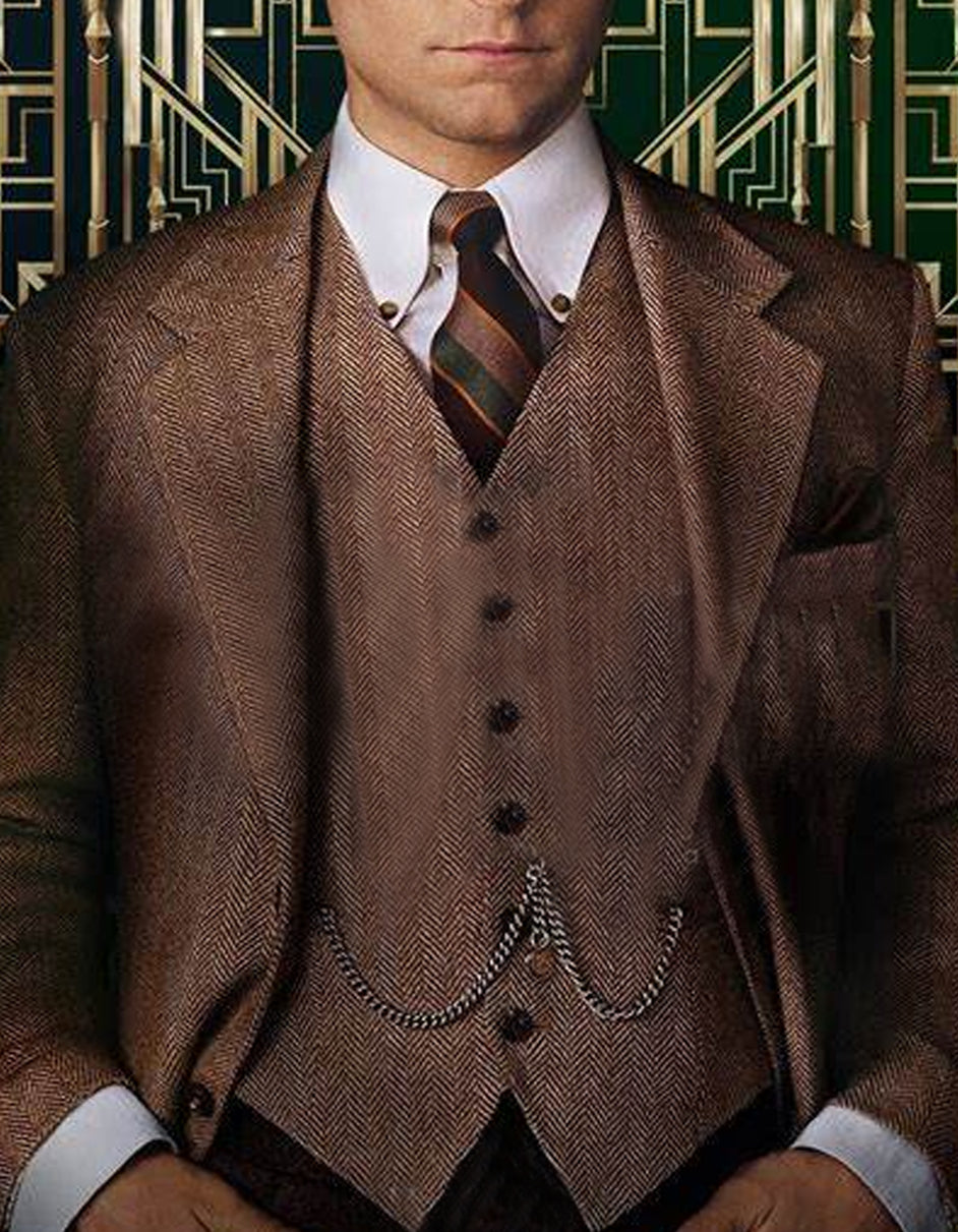 Mens Vested Great Gatsby Tweed Herringbone Tobey Maguire Suit in Light Brown