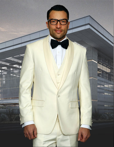 Mens 1 Button Shawl Lapel Vested Wool Prom | Wedding Tuxedo in Ivory