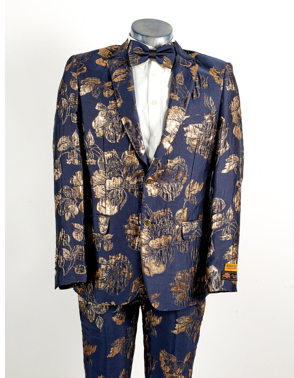 Mens 2 Button Navy Blue & Gold Foil Floral Paisley Prom & Wedding Tuxedo