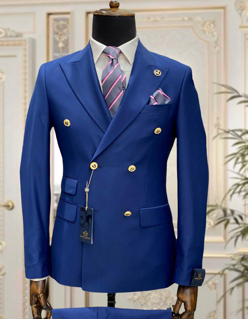 Mens Designer Modern Fit Double Breasted Wool Suit with Gold Buttons in Midnight Blue