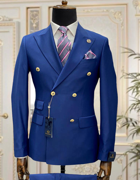 Mens Designer Modern Fit Double Breasted Wool Suit with Gold Buttons i