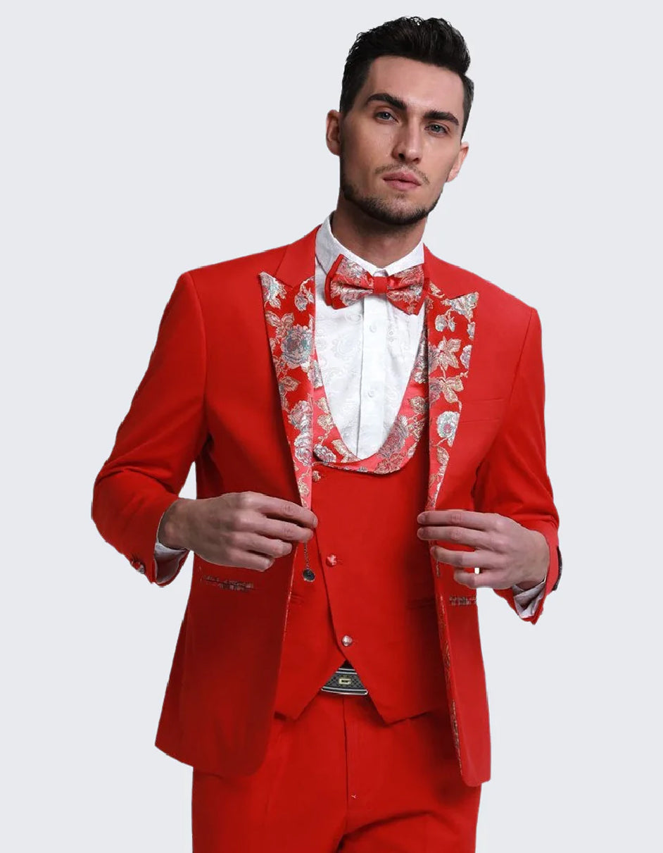 Mens Vested Red Prom Tuxedo with Floral Paisley Peak Lapel and Vest Tr