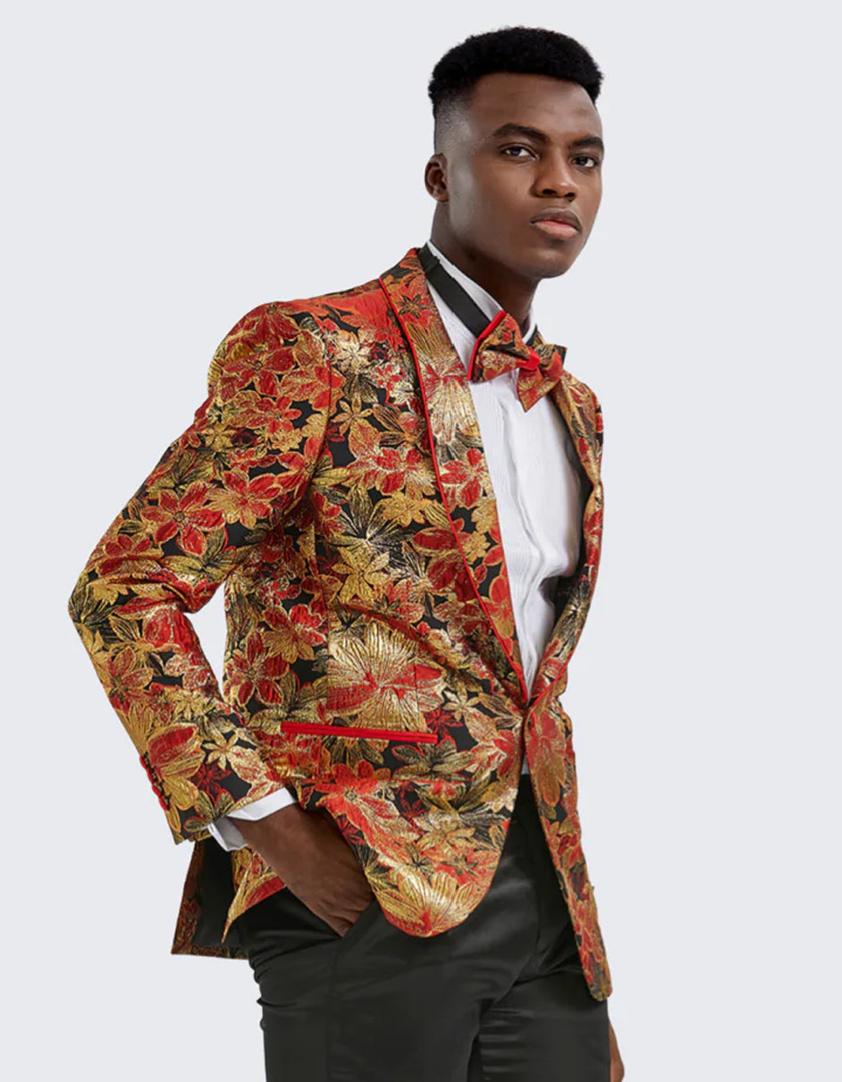 Mens Red & Gold Floral Paisley Prom Tuxedo Dinner Jacket