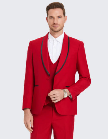 Mens Vested Shawl Red Prom Tuxedo with Black Trim