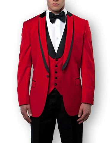 Mens Vested Red Prom Tuxedo with Black Trim