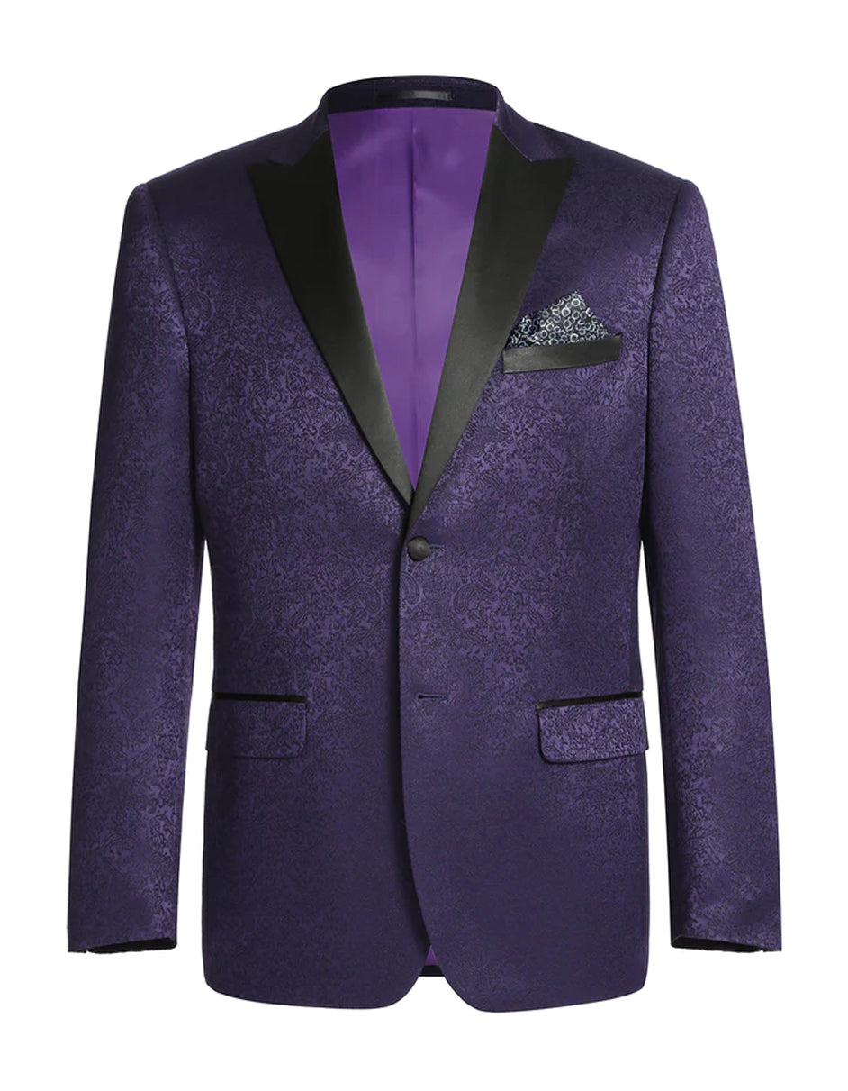 Mens 1 Button Satin Peak Lapel Paisley Prom Blazer in Purple