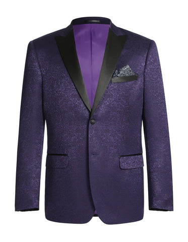 Mens 1 Button Satin Peak Lapel Paisley Prom Ultra Slim Fitted Blazer in Purple