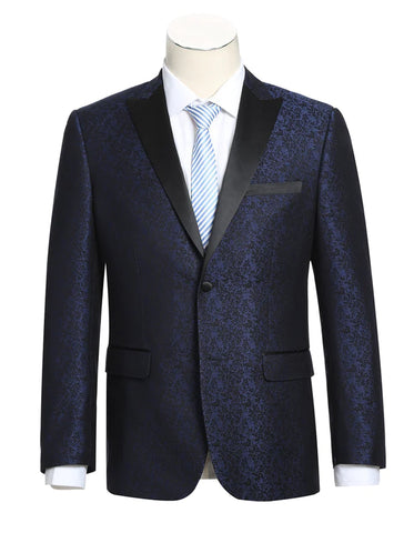 Mens 1 Button Satin Peak Lapel Paisley Prom Ultra Slim Fitted Blazer in Navy Blue