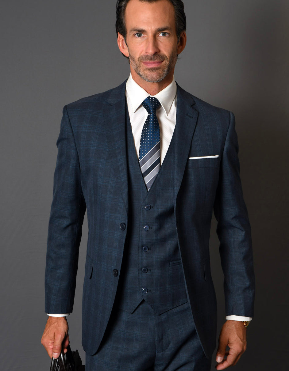 Mens 2 Button Vested Modern Fit Wool Suit in Navy Plaid