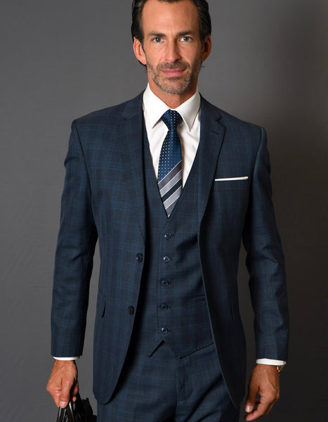 Men's Designer Wool Two Button Vested Modern Fit Plaid Suit in Indio Blue main image 0