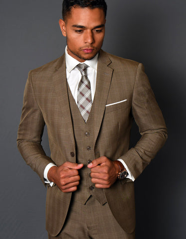 Mens 2 Button Vested Modern Fit Wool Suit in Tan Plaid