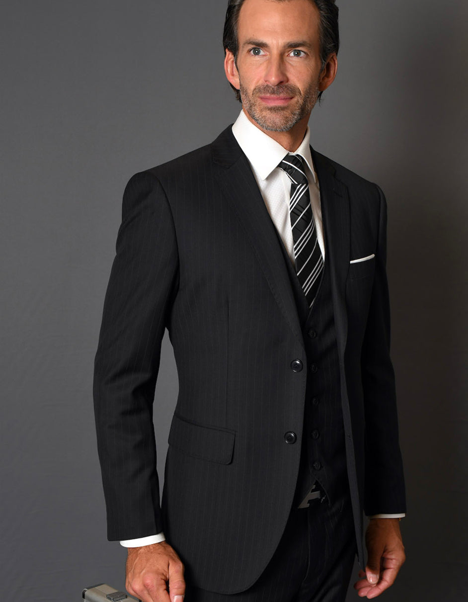Mens 2 Button Vested Modern Fit Wool Suit in Black Pinstripe