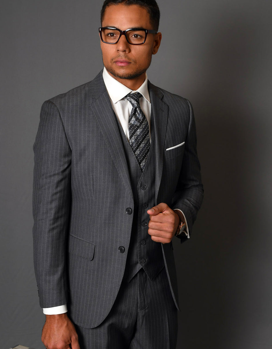 34 Mens Button Vested Modern Fit Wool Suit in Charcoal Grey