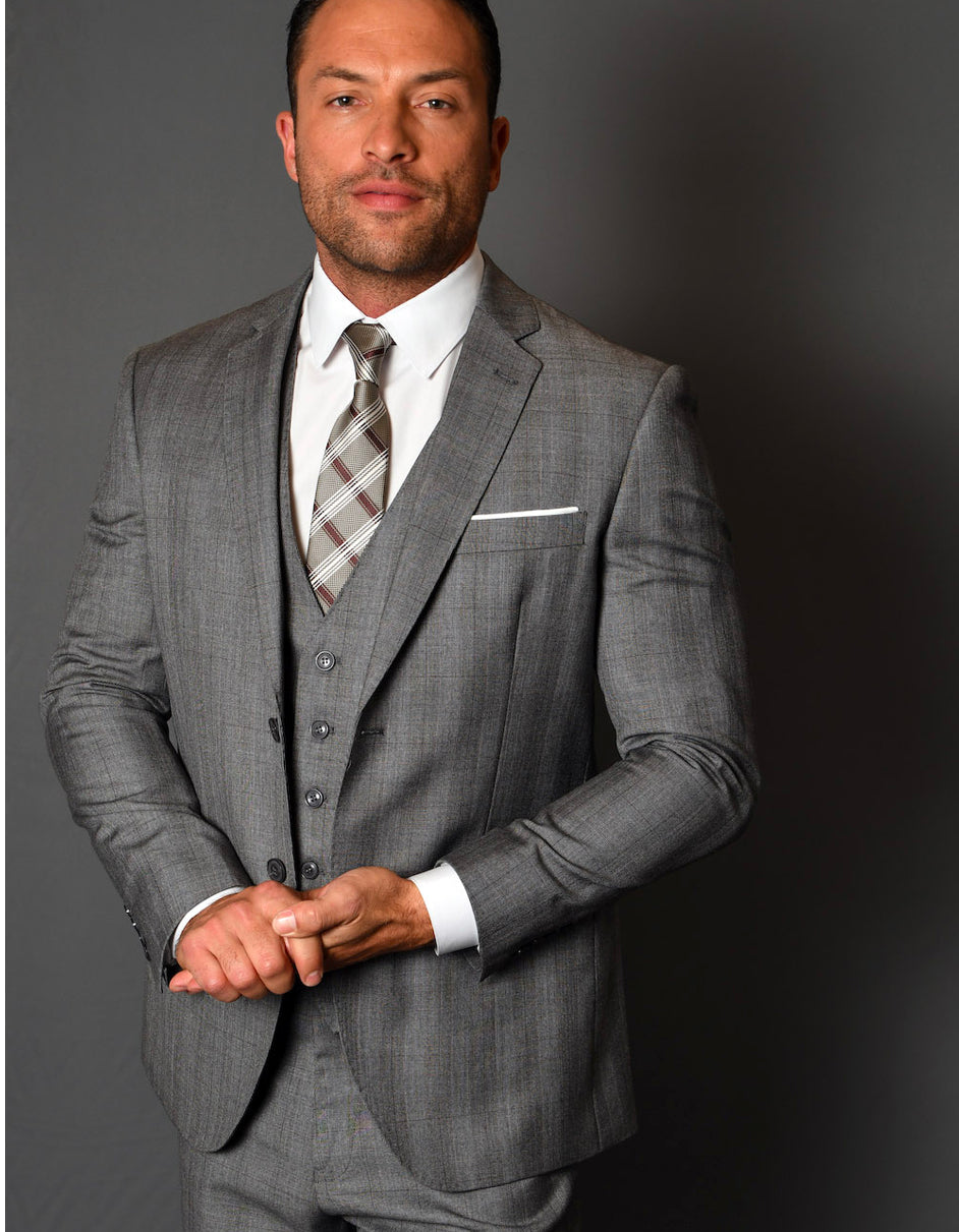 Mens 2 Button Vested Modern Fit Wool Suit in Grey Plaid