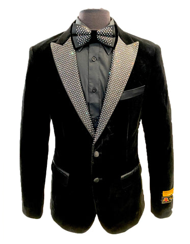 Mens Designer Velvet Dinner Jacket Tuxedo in Black with Silver Diamond Lapel