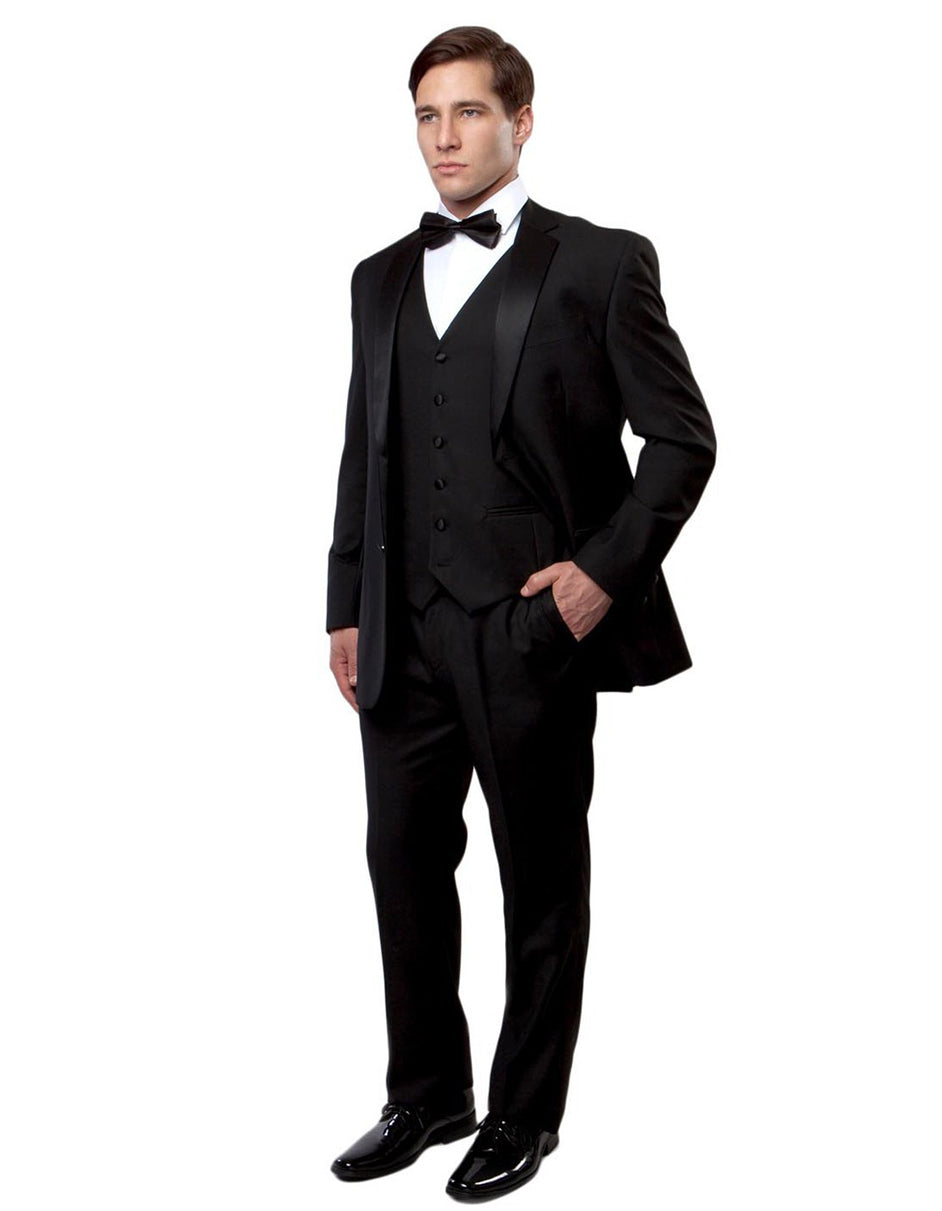 Mens Vested Slim Fit 2 Button Notch Wool Tuxedo in Black