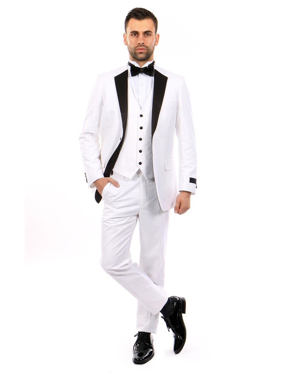 Mens Vested Modern Fit Notch Tuxedo in Black/White