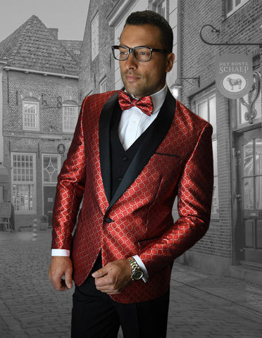 Mens Vested One Button Shawl Tuxedo in Geometric Chain Print in Red - Men's Tuxedo USA