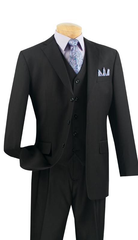 Mens 3 Button Black Vested Suit with grey pinstripe pants