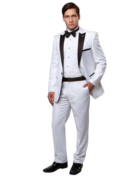 Mens Modern Fit Wool Peak Tuxedo in White/Black