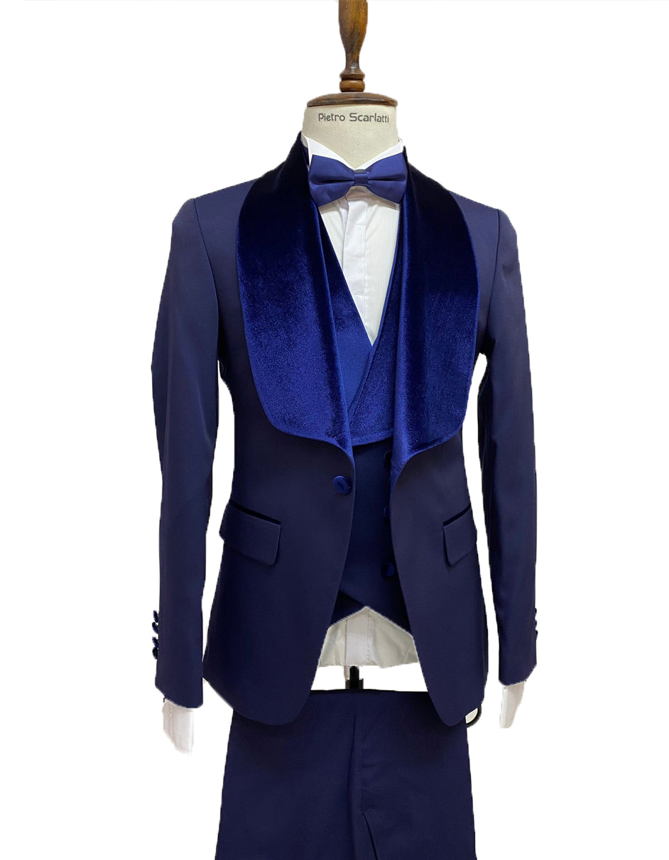 Mens Vested Designer Wide Velvet Shawl Tuxedo in Midnight Blue