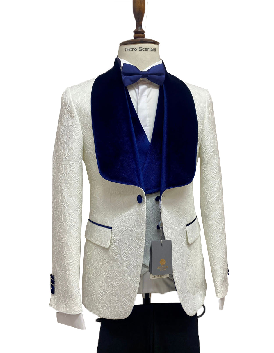 GentWith Empire Blue & White Slim Fit Velvet Shawl Lapel Wool Tuxedo