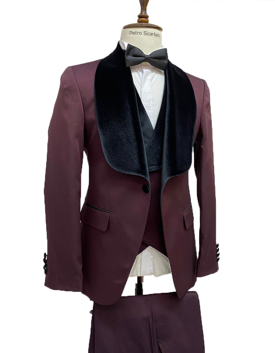 Mens Vested Designer Wide Velvet Shawl Tuxedo in Burgundy