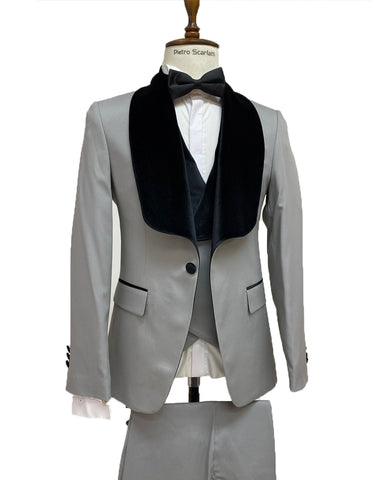 Mens Vested Designer Wide Shawl Tuxedo in Grey