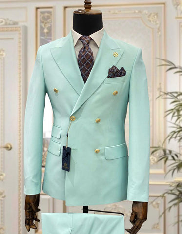 Mens Designer Modern Fit Double Breasted Wool Suit with Gold Buttons in Mint Green