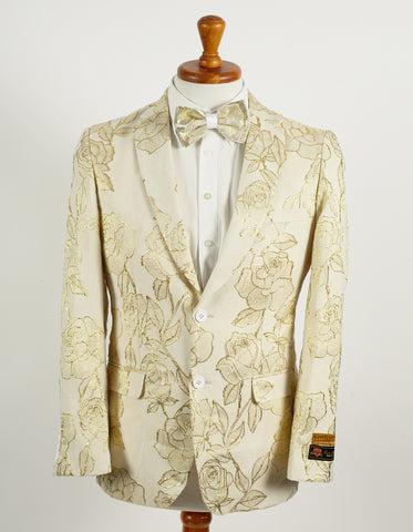 Mens 2 Button Ivory & Gold Foil Floral Paisley Prom & Wedding Blazer