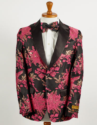 Mens 2 Button Hot Pink Fuschia & Black Floral Paisley Tuxedo Blazer