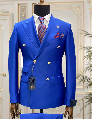 Mens Designer Modern Fit Double Breasted Wool Suit with Gold Buttons in Royal