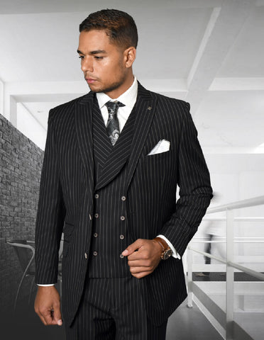 Mens Gangster Pinstripe 2 Button Double Breasted Vest Suit in Black