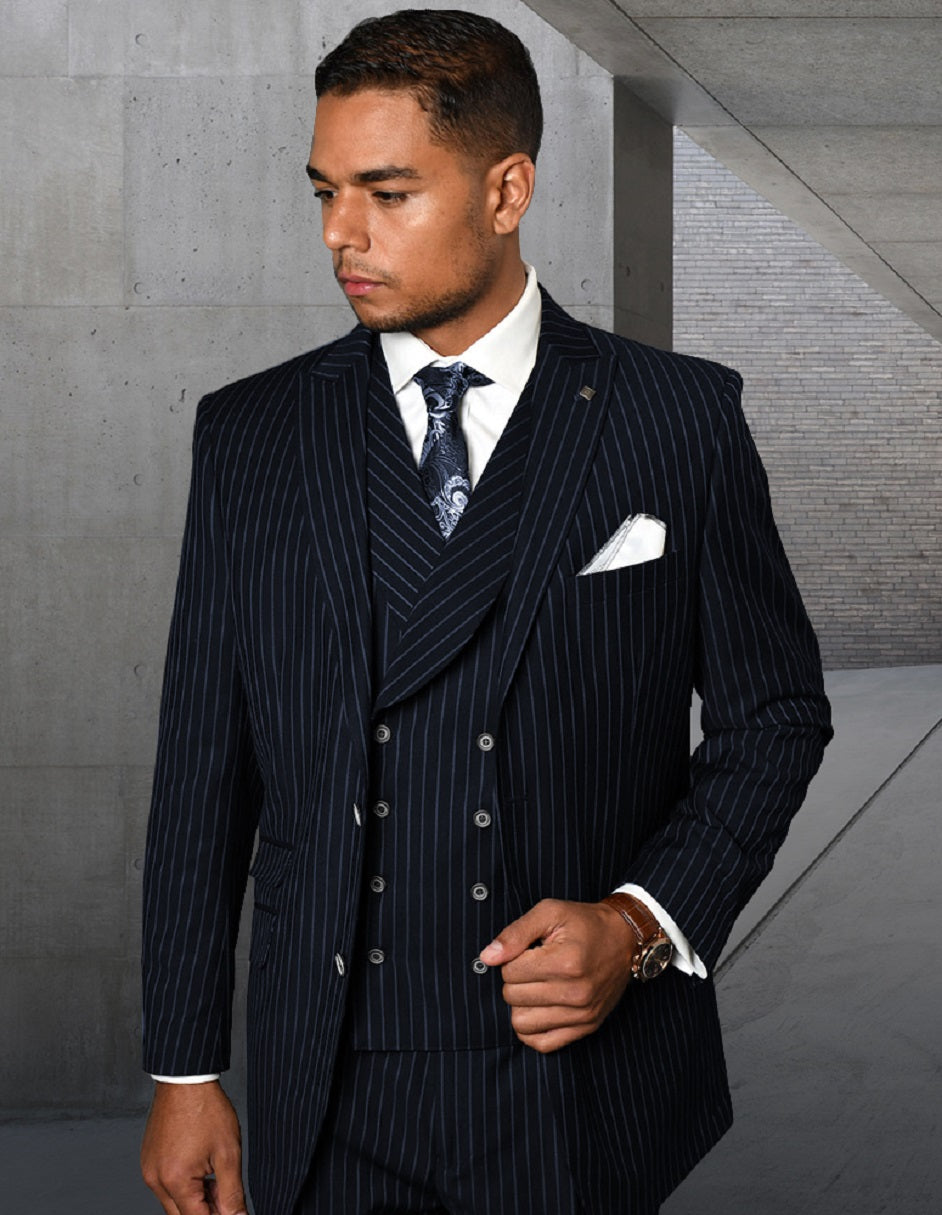 Mens Gangster Pinstripe 2 Button Double Breasted Vest Suit in Navy