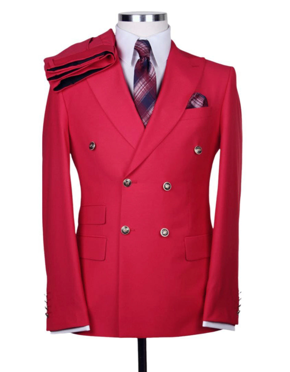 Mens Designer Modern Fit Double Breasted Wool Suit with Gold Buttons in Red