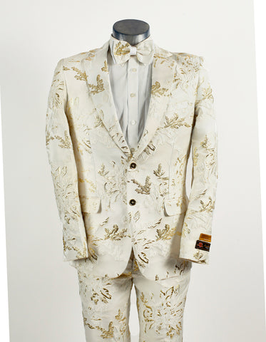 Mens 2 Button White with Gold Foil Floral Paisley Prom and Wedding Tuxedo