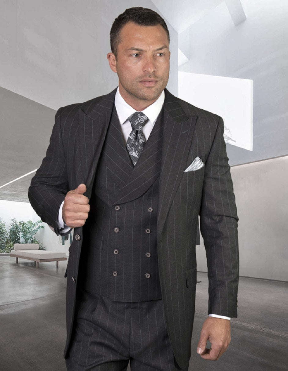 Mens Classic Fit Pleated Pant Wide Peak Lapel Wool Suit with Double Breasted Vest in Grey Pinstripe