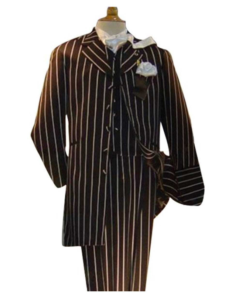 Mens Vested Gangster Bold Pinstripe Zoot Suit in Black