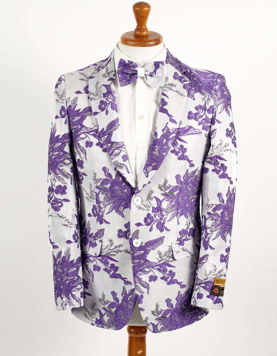 Mens 2 Button White & Lavender Purple Floral Paisley Prom and Wedding Blazer