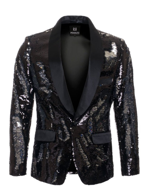 1 Button Reversible Sequin Blazer In Black and Silver