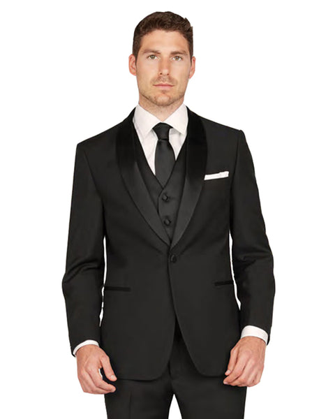 Mens Vested One Button Shawl Lapel Tuxedo in Black - Mens Slim Fitted