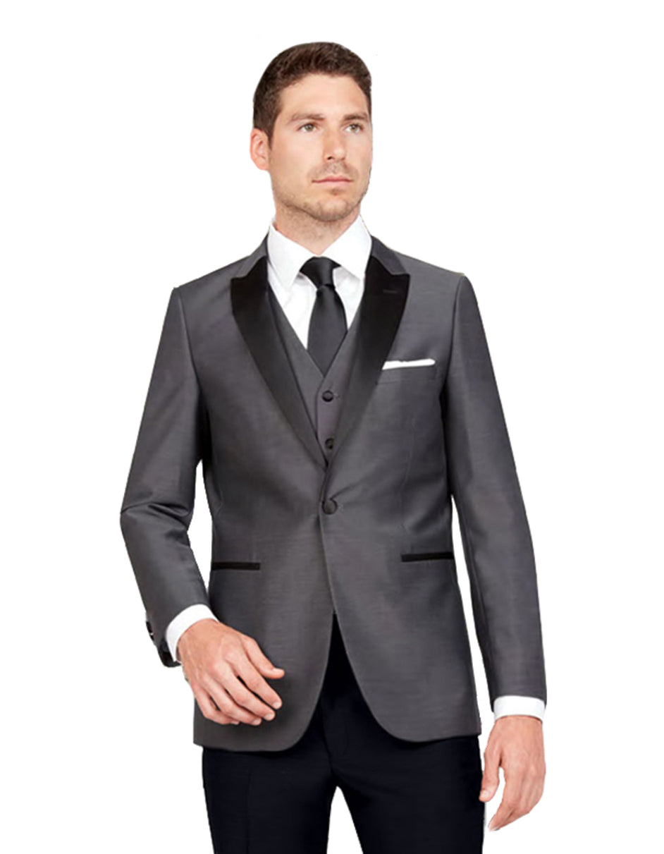 Mens Vested One Button Peak Lapel Tuxedo in Charcoal Grey