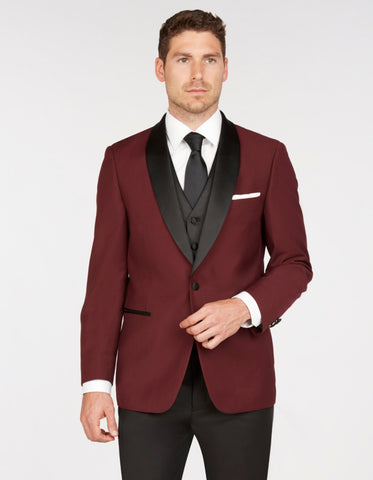 Mens Vested One Button Shawl Lapel Prom Tuxedo in Burgundy